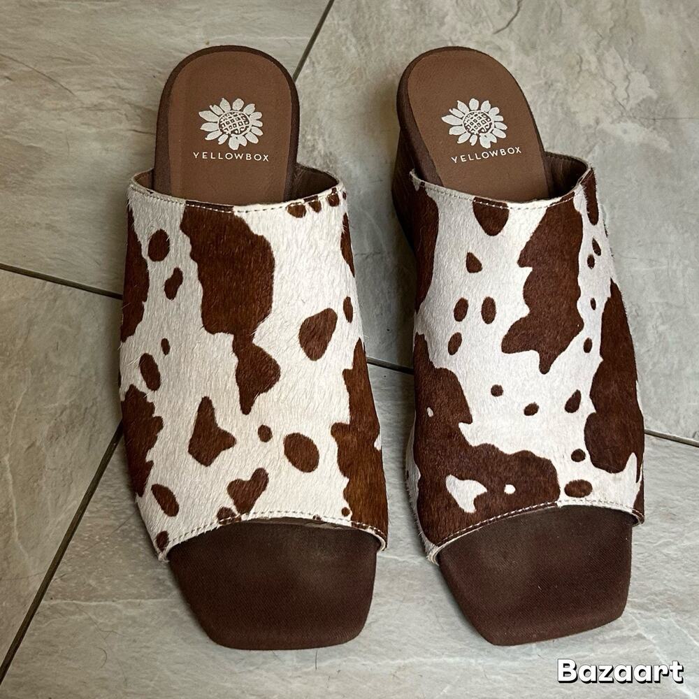 Preowned Yellow Box Cow Print Slip On Sandals Heels Western Women’s 8M